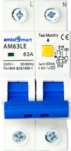 amiciSmart 63A RCBO, 220V Residual Current Circuit Breaker with Over Current Short-Circuit and Leakage Protection MCB