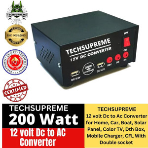 TechSupreme 200W Mini DC to AC Converter with Dual USB & Double 5 Pin Socket output A10 with 3 Months Warranty Solar Compatible Square Wave Inverter