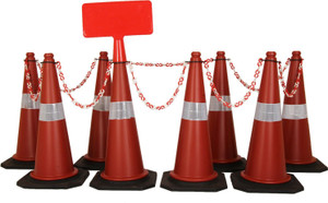 Ladwa 750mm Combo of Impact Resistant Road 8 Traffic Safety Cones + 8 mtr chain + 1 Sign Plate with Reflective Strips Collar For Road Attention. Emergency Sign