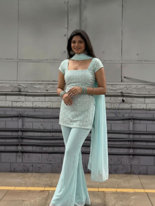 DISHWA FASHION Women Georgette Kurti Palazzo Dupatta Set - Image 1