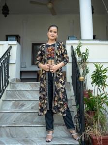 anushansa Women Crop Top Pant Ethnic Jacket Set