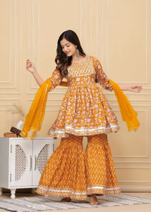 Zestleaf Women Kurti Sharara Dupatta Set