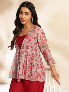 Janasya Women Crop Top Pant Ethnic Jacket Set
