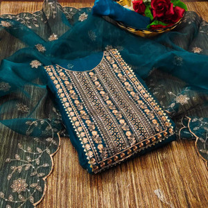 FREYLU Organza Embroidered Salwar Suit Material