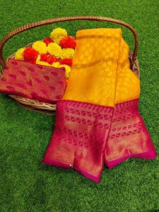 THESIYA FAB Self Design, Paisley, Ombre, Temple Border, Striped, Woven, Floral Print, Polka Print, Solid/Plain Bollywood Brasso, Art Silk Saree