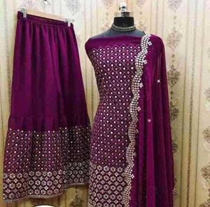 स्टाइल भवानी जॉर्जेट एम्ब्रॉइडरेड कुर्ता और शरारा का कपड़ा