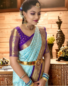 V And V Shop Woven, Animal Print, Embroidered, Floral Print, Hand Painted, Printed, Solid/Plain, Applique Kanjivaram Jacquard, Pure Silk Saree