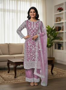 TRIVORA Net/Lace Embroidered Kurta & Palazzo Material