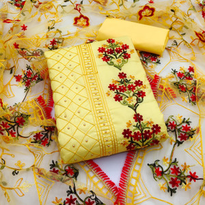 PRIHAL ART Cotton Blend Embroidered Salwar Suit Material
