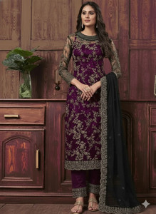 TRIVORA Net/Lace Embroidered Kurta & Churidar Material