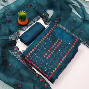 FREYLU Organza Embroidered Salwar Suit Material
