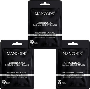 MANCODE Charcoal Facial Sheet Mask for Men & Women Korean Sheet Mask Pack of 3