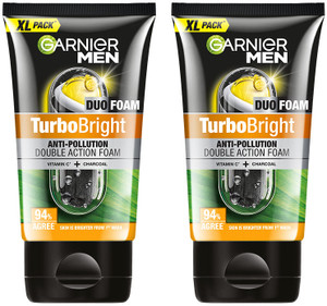 Garnier Men Turbo Bright Double Action,Anti Pollution with Charcoal and Vitamin C Face Wash