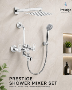 Prestige With C-2 (5 Gear) Adjustable Hand shower with 1.5mtr ss tube and wall hook (Prime Brass 3 in 1 Wall mixer and 6inch stainless steel shower) Wall Mixer Faucet