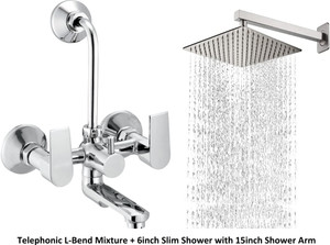 Senkiddpro by Senkiddpro Brass Telephonic WALL MIXER(3-IN-1)HEAVY 6" Bathroom Shower[SHOWER COMPLETE SET] 6"x"6 Heavy SS Ultra Slim Rain Shower Head with 15inch Square Arm Hot and Cold Mixer Faucet
