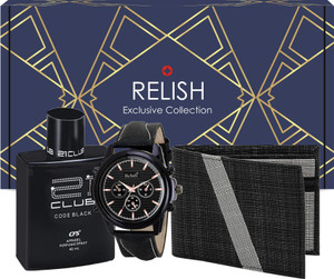 RELish Boys Gift Combo Black Watch,Perfume, Wallet | Gift Pack for Every Occasions. Paper Gift Box