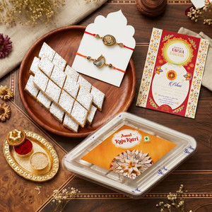 PRIDE STORE Mouthwatering Kaju-Katli Sweets Combo- Stylish Red Stone Peacock Rakhi with Card Wooden, Stoneware, Paper Gift Box