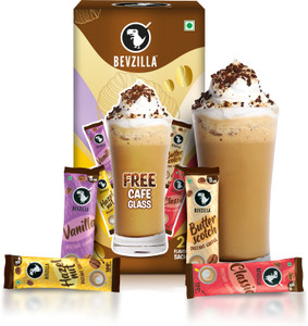 Bevzilla 25 Flavored Coffee Sachets Butterscotch, Classic, Vanilla, Hazelnut & Cafe Glass Assorted Gift Box