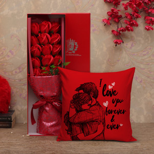 TIED RIBBONS Valentine Gift for Boyfriend Girlfriend Husband Wife Girls Boys - Love Gift Combo(Box of Scented Rose Flowers and Valentine Cushion Cover With Filler (12 X 12 Inch)) Assorted Gift Box