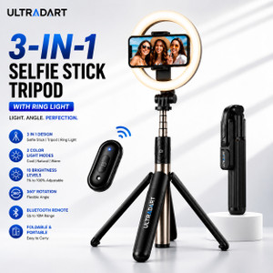 ULTRADART 3 in 1 Selfie Stick Tripod Ring Light with Bluetooth Remote Ring Flash