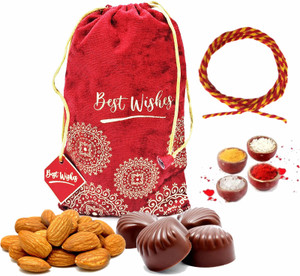 FabBites Bhai Dooj Gift for Brother with Almond,Chocolates in Red Velvet Potli with Tikka Combo