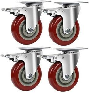 Nisma Engineering 4" Red PU Caster With Ball Bearing Heavy Duty | 4 Break | 360-degree Rotating Braked Furniture Caster