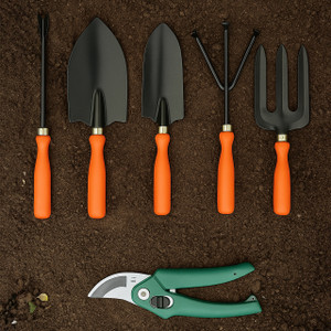 सिनाग्रो Pruner, Trowel, Cultivator, Transplanter, Weeder, Fork, Garden Tool Kit with Pruner Comfortable and Durable (Set of 6, Orange) गार्डन टूल किट