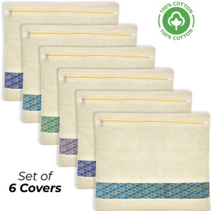 VILLA VIBES 250 GSM Pure Cotton Saree Cover Breathable Wardrobe Organizer with Mesh Window & Metal Zip Pack of 6 Storage bags with Interlock Stitching