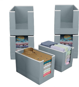 THAILIWALE Foldable Non-Woven Shirt Stacker Organizer Box Front Open Cloth Storage Box / Cupboard Organizer for Clothes Wardrobe Organizer Grey Box ST-6 (Pack of 6)