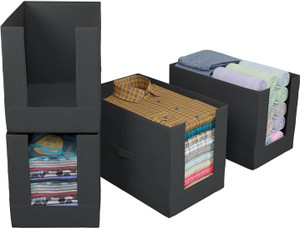 THAILIWALE Foldable Non-Woven Shirt Stacker Organizer Box Front Open Cloth Storage Box / Cupboard Organizer for Clothes Wardrobe Organizer Black Box ST-4 (Pack of 4)