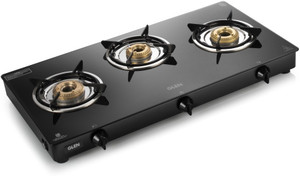 Glen byGLEN 3 Burner Gas Stove 1034 GT Brass Burner Black 2 years warranty Glass Manual Gas Stove