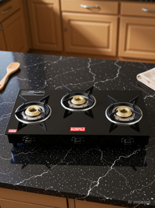 KAPLI Premium 3 Burner Manual with Toughened Glass Sleek & Compact Cooktop Color-Black Glass Manual Gas Stove