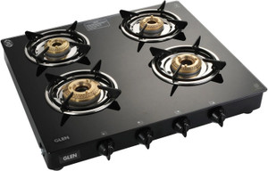 Glen 4 Burner Glass Gas Stove 1 High Flame 3 Brass Burners(1040GTXLHFBBBL) Glass Manual Gas Stove