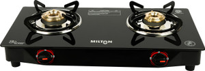 MILTON Nano 2 Burner MS Frame Glass Top Gas Stove with Brass Burners Glass Manual Gas Stove