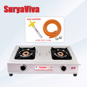 SURYAVIVA SUPER 2B SS(Hose Pipe + Lighter) Gas (silver) Stainless Steel Manual Gas Stove