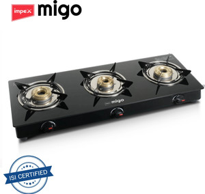 इंपेक्स 3 Burner Glasstop Gas Stove LINEA 3B , Toughened Glass top स्टील मैनुअल गैस चूल्हा