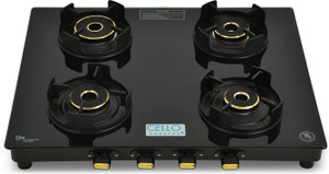 CELLO Granito 4 Burner Black Gas Cooktop, Toughened Glass, ISI Certified Glass Manual Gas Stove