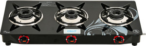 CELLO Crown 3 Burner Black Manual Ignition LPG Glass Top Gas Stove, ISI Certified Glass Manual Gas Stove