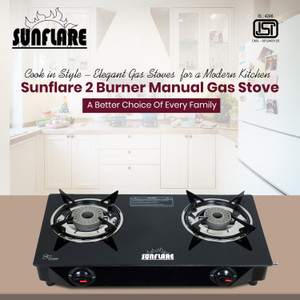 Sunflare Cute 2B Toughened Glass Tornado Burner(Bk) Glass Manual Gas Stove(2 Burners) Glass Manual Gas Stove