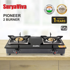 SURYAVIVA 2B BK Toughened Glass 2 Cast Iron Burner Gas Stove(Manual Igniton,Black) Glass Manual Gas Stove