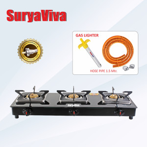 SURYAVIVA Pioneer 3 Burner(Hose pipe + Lighter) Manual Gas Stove Glass Manual Gas Stove