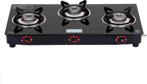 CELLO Gem 3 Burner Black Manual Ignition LPG Glass Top Gas Stove, ISI Certified Glass Manual Gas Stove