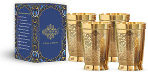 IndianArtVilla (Pack of 4) Set of Brass Glass,Embossed Design,330 ML Each Glass Set Water/Juice Glass