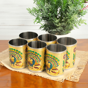 NAVRANG (Pack of 6) Steel Glass Set Meenakari Tumbler Gifts Glass Set Water/Juice Glass