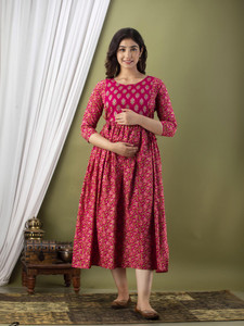 Murli Kurti Women Fit and Flare Pink, Green Midi/Calf Length Dress