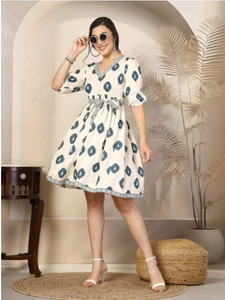 UNIFYFASHION Women Fit and Flare Dark Blue, White Midi/Calf Length Dress