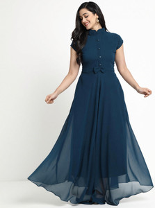 Jash Creation Women Fit and Flare Blue Maxi/Full Length Dress