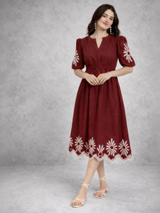 tckty Women Fit and Flare Maroon Midi/Calf Length Dress