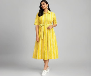 Ruhvera Women Shirt Yellow Below Knee Dress