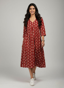 Jaipurmint Women Gown Maroon Midi/Calf Length Dress